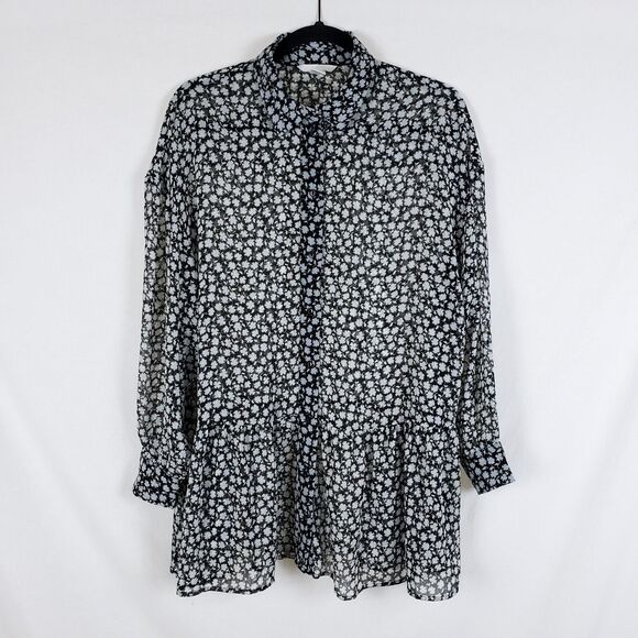 H&M Womens 6 Button-Up Shirt Sheer Tunic Ruffles Floral Long Sleeve Oversized - Picture 2 of 11